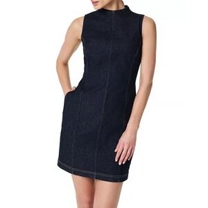 Spanx Womens Stretch Denim Seamed Shift Dress Blue Zip Pockets Sz M NWT‎
